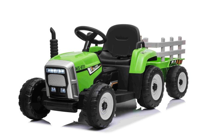 Elektrischer Traktor WORKERS mit Anhänger, Grün, Hinterradantrieb,  12-V-Batterie, Rädern, breitem Sitz, 2,4-GHz-Fernbedienung, MP3-Player und